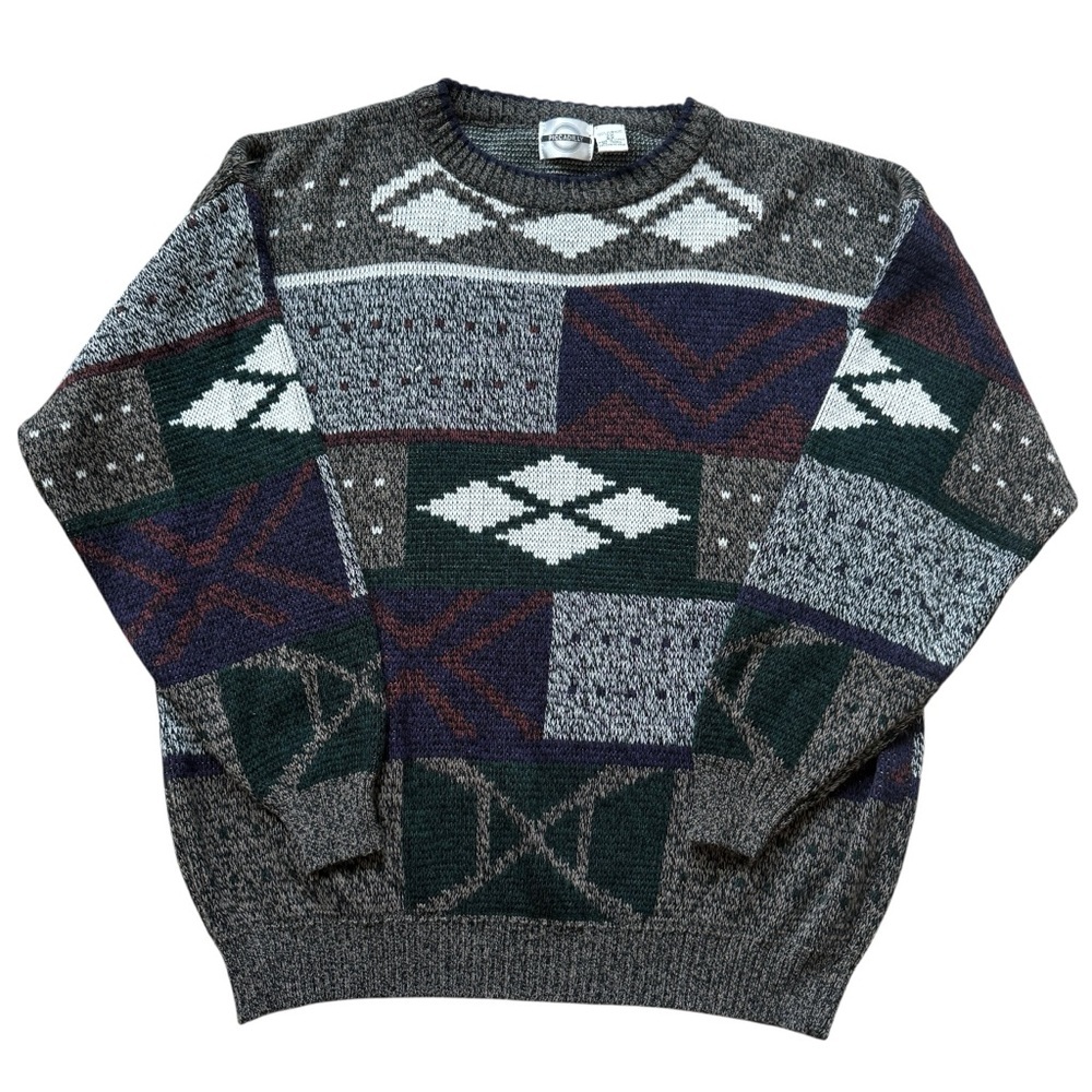 VTG 90s Piccadilly Patchwork Sweater 2X Big Abstract Knit Grandpa Coogi Style